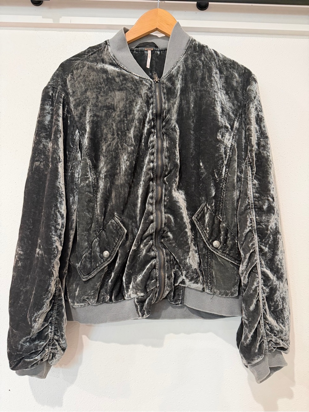 Free people Gray Crushed Velvet Bomber Jacket Medium